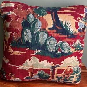 Vintage Midcentury Barkcloth Throw Pillow Cowboy Western Cactus Print 14" x 12"